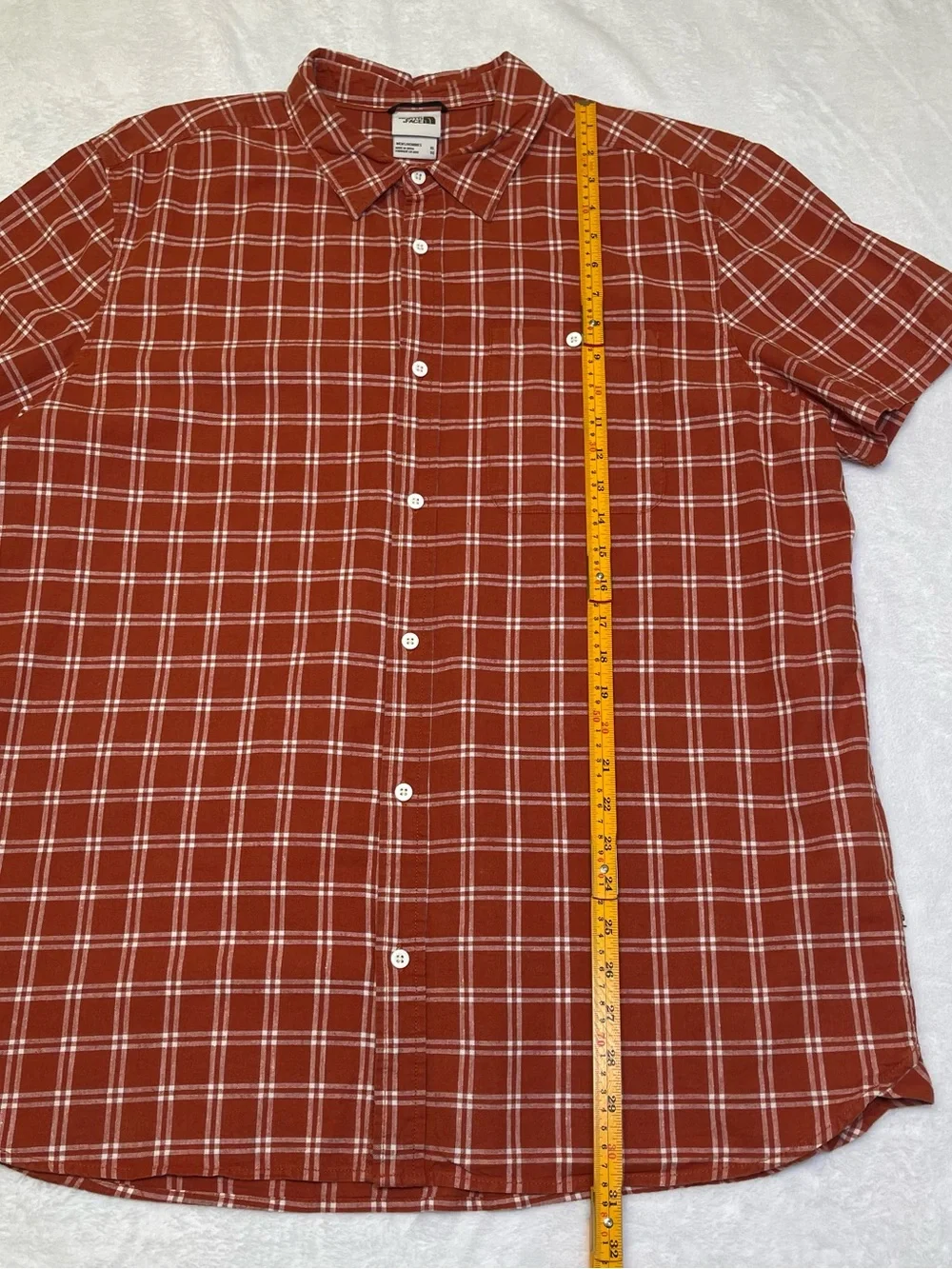 The North Face Men's XL Plaid Button Down Shirt Short Sleeve Rust Orange/White